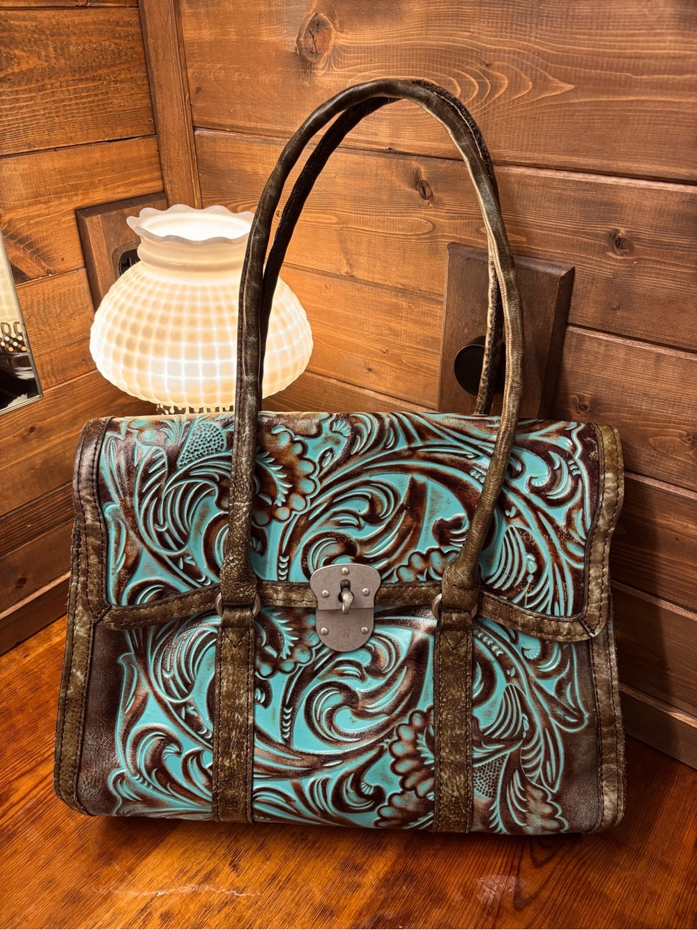 Patricia Nash Italian Leather Vienna Satchel, Tooled Turquoise, Like New Purse - Picture 4 of 16
